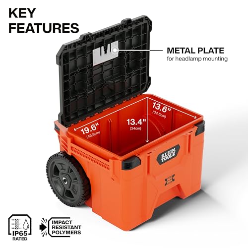 Klein Tools 54100MBX MODbox Rolling Tool Box, Heavy Duty Portable Tool Organizer with Side Mounting, 10-Inch Rubber Wheels, Removable Handle, Deep Stackable Set