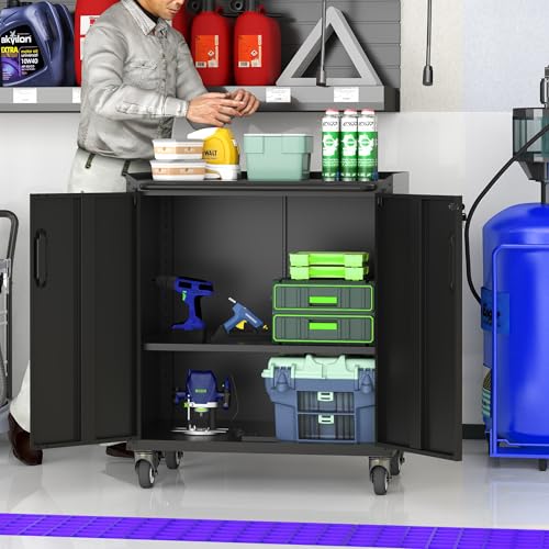 EKJ Metal Garage Storage Cabinet on Wheels, Lockable Rolling Tool Cabinet with Doors and Shelves, Heavy Duty Mobile Steel Cabinet for Garage Warehouse Workshop