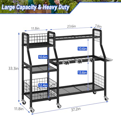 keomaisyto Garden Tool Organizer with 6 Wheels(3 lockable), Heavy Duty Yard Tool organizer with 2 Basket, Large Metal Garage Tool Organization and Storage for Garage/Shed/Yard/Broom Closet/Lawn
