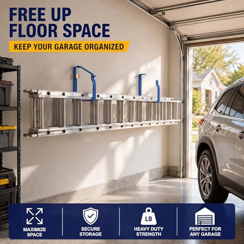 Otoolling 2 Pack Lockable Wall Ladder Rack Ladder Brackets Heavy Duty Wall Mount Storage Brackets with Securing Lock Garage Storage Hooks for Garage Workshop Organizer