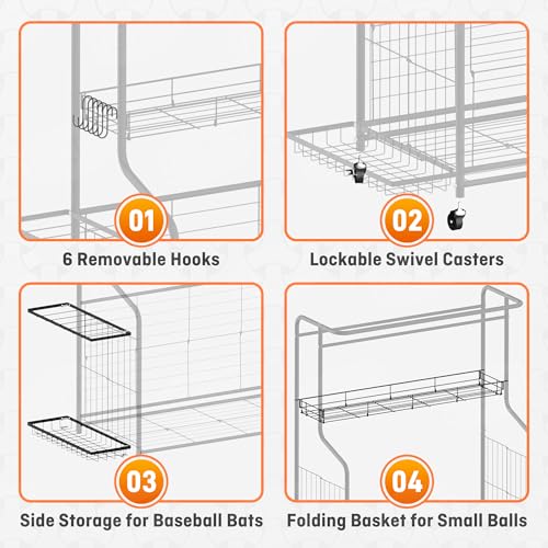 Sports Equipment Organizer -Heavy Duty Rolling Garage Storage Rack & Ball Holder, Large Capacity Cart for Outdoor Toy Storage & Garage Storage