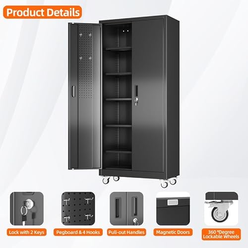 Aobabo Lockable Metal Garage Storage Cabinet with Wheels and Door Pegboard, 5 Adjustable Shelves for Tools, Workshop, Office and Home Utility Storage, Black, 16" D x 32" W x 71" H,Required Assembly
