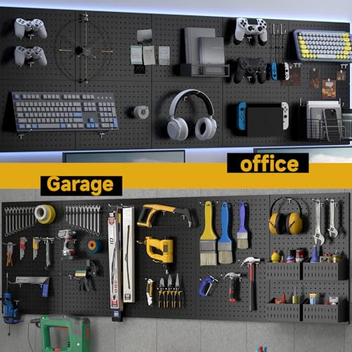 GEDELITE 4-Pack Heavy-Duty Metal Pegboard Organizer Kit - 16"x12" Black Steel Wall Control Panels with 8 Hooks for Garage Tools, Craft Rooms, and Home Office Storage