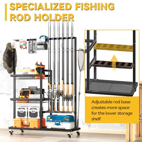 SOYEEZE Fishing Rod Holders for Garage, Fishing Pole Rack-360 Degree Rotating, Floor Stand Fishing Rod Storage Holds Up to 12 Rods, Space-Saving Pole Organizer with Unique Hook & Basket Design
