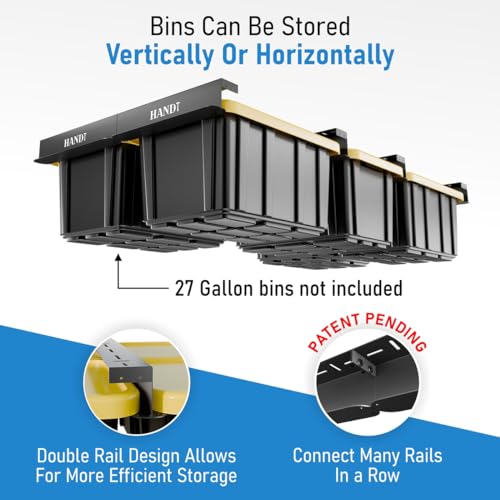 USA Based Overhead Garage Storage Rack, Connectable Heavy Duty Metal Ceiling Rails Garage Storage Organization Shelving System, Hanging Racks Tote Containers, Supports Up To 6 Bins, 4 Sets Black