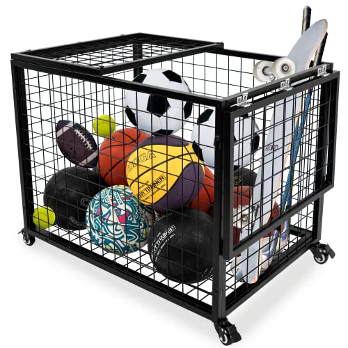Ball Cart Garage Sports Equipment Organizer with Lockable Lid, Basketball Storage Bin for Indoor Outdoor, Rolling Exercise Ball Cart Holder for Gym, School, Club