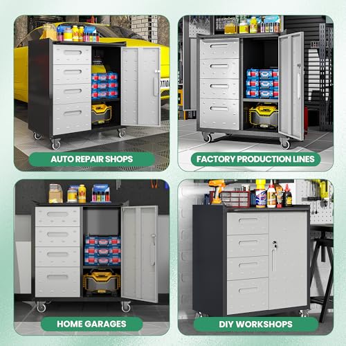 VIYET Garage Cabinets,Metal Garage Storage Cabinet with Wheels,Lockable Rolling Tool Cabinet with Drawer and Adjustable Shelves,Heavy Duty Tool Chest for Home Office Utility Room,Black/Grey