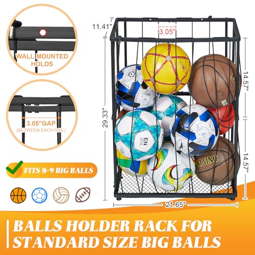 Garage Ball Storage Wall-Mounted & Floor Sports Equipment Organizer: Sports Ball Rack with Elastic Rope, Holder for Basketball, Soccer, Volleyball, Football, Garage, Gym, Black(Patent Pending)