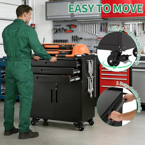 VIYET Garage Storage Cabinet, Metal Rolling Tool Cabinet with 2 Pegboard and 10 Hook, Heavy Duty Mechanics Tool Chest Storage for Workshop, Basement, Warehouse, Include Workbench Liner, Black