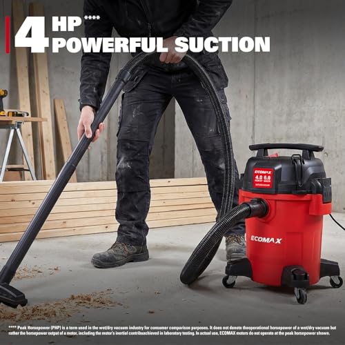 ECOMAX Ultra Quiet Wet Dry Shop Vacuum, 6 Gallon 4 HP Shop Vac, 80% Less Noise, 3X Longer Motor Lifespan, Powerful Portable Vacuum Cleaner for Garage, Jobsite, Workshop (6 Gallon)