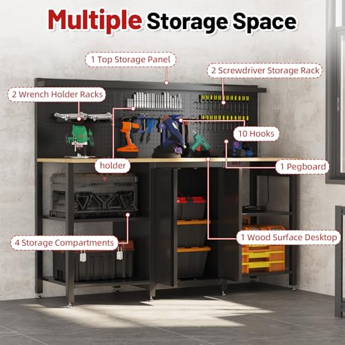JFHID 60’’ Workbench and Garage Cabinet Storage System 2000LBS Heavy Duty Work Bench Table with Top Storage Panel Wrench Holder Hammer Rack Hooks Screwdriver Rack Charge Station Tool Organizer