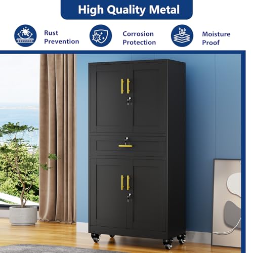 Ckzbx Metal Garage Storage Cabinet with Locking Drawers and Adjustable Shelves,71" H Steel File Cabinet with Wheels for Garage,Office (Black)