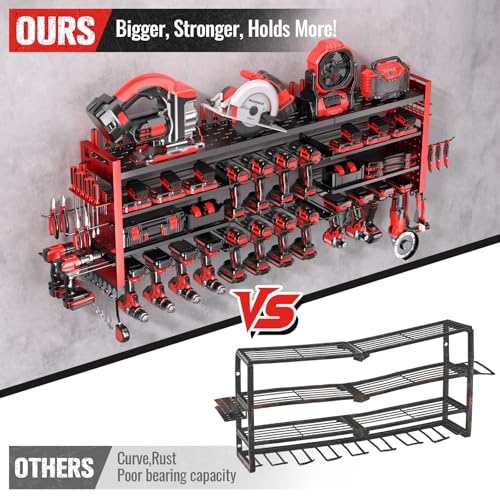Shomextol 49.8" W Super Large Power Tool Organizer Wall Mount,4-Layer Heavy Duty Tool Storage with 18 Cordless Drill Holder,600 lb Capacity Garage Organization for Garage and Workshop (Red)