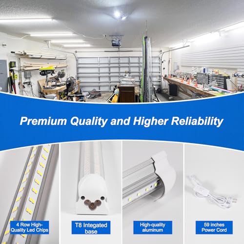 XLNYUUI Led Shop Lights, 4FT LED Light 50W 6500K 7000LM Daylight,Led Garage Light,Linkable Clear Cover Integrated V-Shape for Garage Warehouse Workbench Workshop(4-Pack)