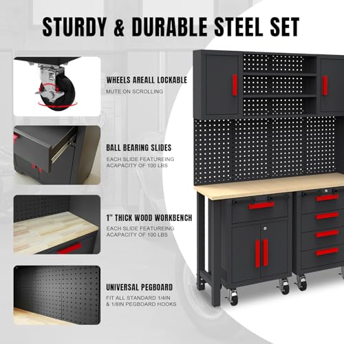 Big RED Garage Storage Cabinets System, 6-Pcs Workshop Cabinet Set in Black, Included Steel Cabinets Drawers Rolling Chest and Pegboard,Locked Garage Storage Cabinet