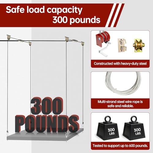 Heavy Duty Overhead Garage Storage Pulley Lift System, 300LBS Load Capacity, Ceiling Mounted Rack with Adjustable Height, for Bikes, Boxes and Bins, Home Garage Organization Not Include Racks