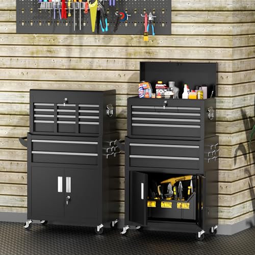 INTERGREAT 8-Drawers Rolling Tool Chest, Assembled Tool Chest with Wheels, Detachable Top Tool Box, Tool Cabinet for Repair Room,Warehouse, Rolling Tool Box with Hooks,Tray Divider,Liners(Black)