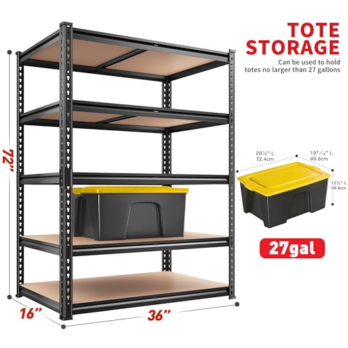 REIBII 2400LBS Garage Shelving 5 Tier Storage Shelves Heavy Duty, Adjustable Metal Shelving Unit,Garage Shelves for Basement,Warehouse,Pantry,Closet,Kitchen 72" H x 36" W x 16" D,2 Pack