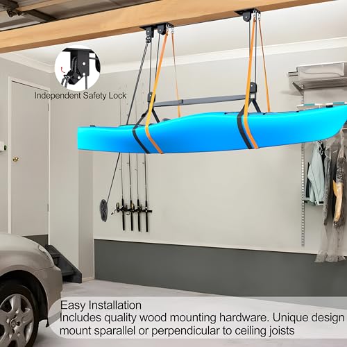 TRUSOON Kayak Hoist, Heavy Duty Kayak Pulley System for Garage Ceiling, Hold Up to 150 lbs Capacity, Canoe Garage Lift Storage System, Fit 10-18 Foot Ceilings, Black