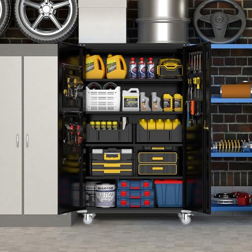 Yeeoy Wide & Deep Metal Garage Storage Cabinet with Pegboard & Adjustable Shelves, Lockable Storage Cabinet with Wheels, Tool Organization Cabinets for Office Garage Shop, 43''W x 22''D x 72''H
