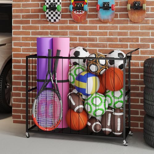 Homsorout Ball Storage Bin Rolling Sports Ball Cart, Metal Garage Organizer Sport Rack, Ball Basket Storage, Ball Cage for Garage or Gym, Indoor & Outdoor Sports Equipment Organizer（Black）