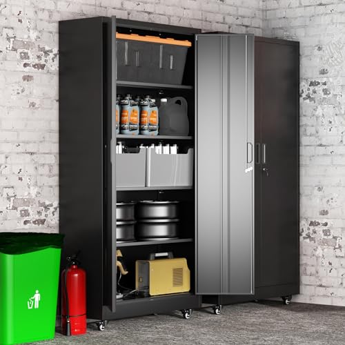 Greenvelly 73" Rolling Storage Cabinet,Black Metal Garage Cabinet with Locking Doors and 4 Adjustable Shelves for Home,Kitchen,Office,Warehouse(32" W x 16" D,Wheels)