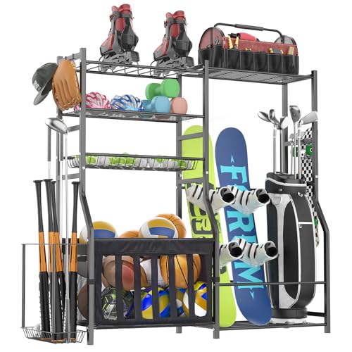 organizelink Heavy Duty Garage Sports Equipment Organizer, All-in-One Golf Bag Storage Rack & Multi-Sport Ball Holder for Basketballs, Bats & Kids Toys, Indoor/Outdoor Free Standing Gear Bin