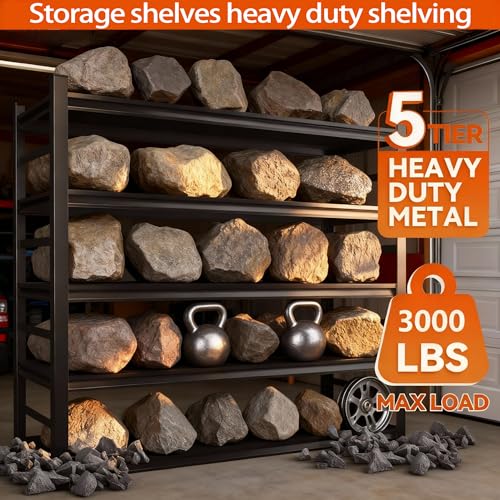 Metal Garage Shelving Unit, Heavy Duty 5-Tier Adjustable Storage shelves, Steel Shelving, 3000 lbs Capacity, Industrial Shelves for Heavy Tools and Equipment, Ideal for Garage, Basement, Black, 72"