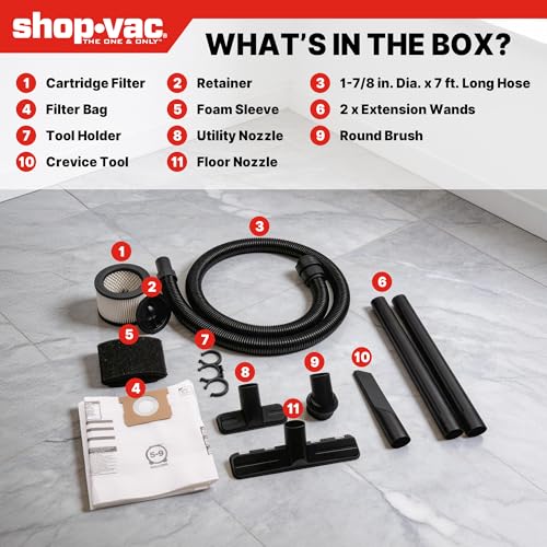 Shop-Vac 6 Gallon Ultra Quiet Shop Vacuum Wet and Dry, 4.5HP Powerful Suction Wet/Dry Vacuum with Attachments, 1-7/8 in. x 7 Ft Hose, 15 Ft Cord, Ideal for Jobsite, Garage, Workshop & Home, 5430541