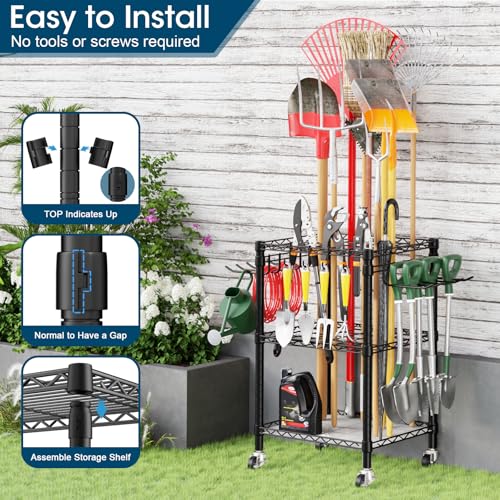 Roxibelt T1 Garden Tool Organizer（With Lockable Wheels）Heavy Duty Garage Tool Storage for Yard，Shed，Outdoor and Lawn，Freestanding Tool Organizers and Storage UP to 50 Tools，Black with Anti-Tip Device