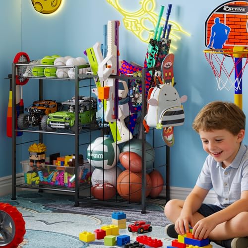 Sports Equipment Organizer, Ball Storage Rack with Elastic Straps and Removable Basket for Garage Organization, Garage Organizer with Hooks for Toy Sports Gear Storage, Sports Ball Storage Cart, Black