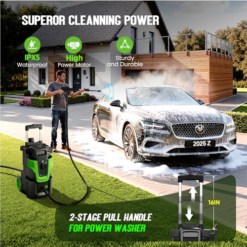 5000PSI Heavy Duty Pressure Washer, 3-Speed Adjustable Power Washer with 2-Stage Pull Rod, 4 Nozzles, Foam Cannon & 500ml Soap Bottle for Car, Home & Outdoor Cleaning,Green