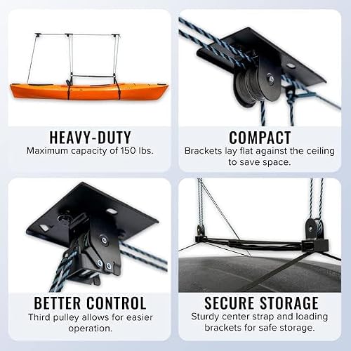 Teal Triangle Pulley Hoist for Kayaks, Canoes, and Paddleboards - Heavy Duty Garage Storage Lift - Kayak Hanger Holds 150 lbs and Fits 10-14 ft Tall Garage Ceilings