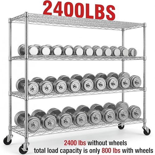 Mapleyard Chrome Storage Shelves with Wheels 55.5" W Garage Shelving Heavy Duty 4 Tier Adjustable Wire Shelving Unit Metal Shelving for Garage Pantry Commercial Basement,55.5" Wx24 Dx76 H