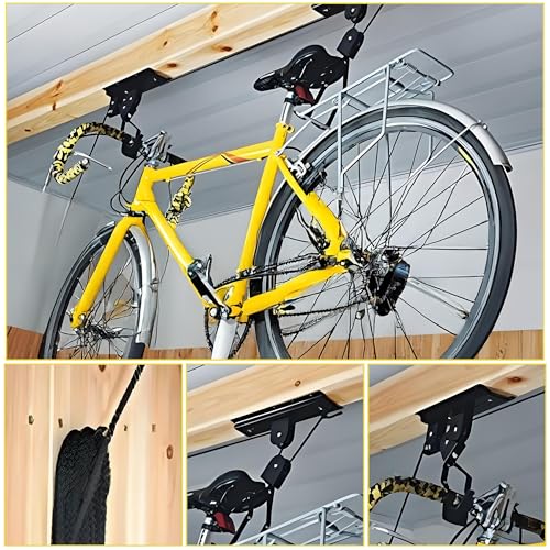 Heavy Duty Garage Ceiling Bike Hoist & Lift System - 100lbs Capacity Overhead Storage Rack for Bicycles, Kayaks, Ladders & Canoes,Space-Saving Pulley Hoist with Secure Locking Mechanism & Wall Hooks