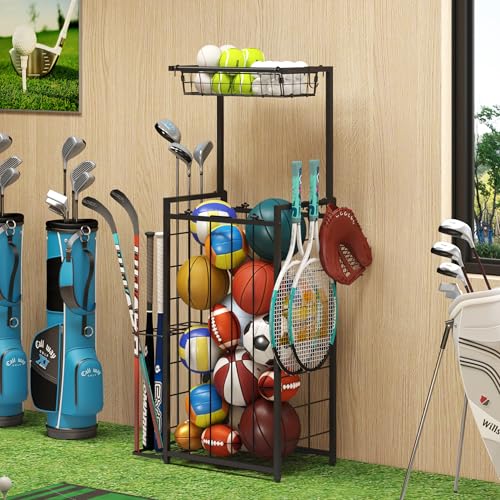 Sports Equipment Organizer, Small Garage Ball Storage Rack with Elastic Straps and 3 Hooks, Garage Organization Storage Rack for Balls and Sports Equipment, Toy Organizer Stand for Room, Gym, Black