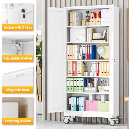 PAOFIN 75''H Metal Garage Storage Cabinet with Wheels,Steel File Cabinets with 2 Doors and 5 Adjustable Shelves for Home Office, Warehouse, Required Assembly,White