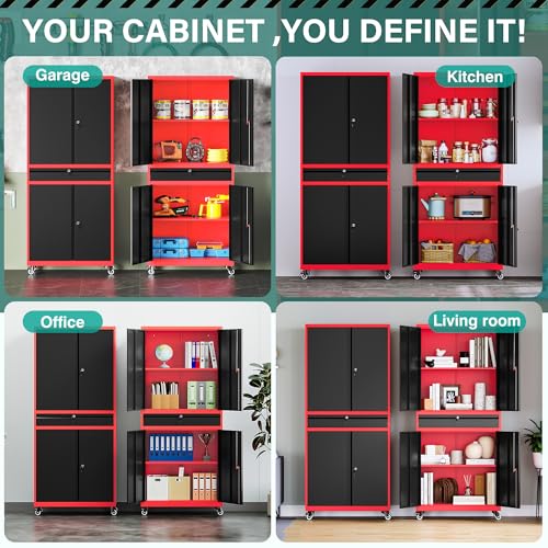 SISESOL Metal Storage Cabinet with Wheels and Drawer,Rolling Garage Storage Cabinet with Lock,Black Red Metal Cabinets with Wheel,73" Mobile Tall Tool Cabinets on Wheel for Home,Office,Garage,Shop