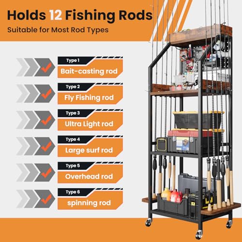 KITIVIALA Fishing Rod Holder for Garage with Hooks & Pegboard, 3-Tier Fishing Pole Rack Holds 12 Rods, Rolling Fishing Rod Storage Organizer with Wooden Tool Box, Fishing Tackle Shelf for Anglers