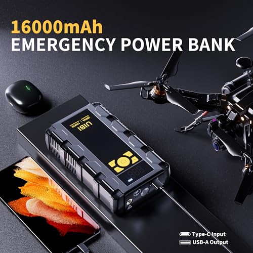 UIBI X5 Car Jump Starter 2000A with Built-in 150PSI Tire Inflator,16000mAh Power Bank & SOS Light for 8.0L Gas/6.0L Diesel Car Truck RV Road Trip Emergency