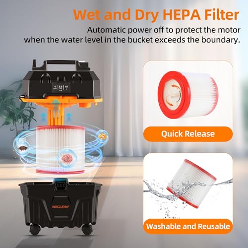 WECLEAN 4 Gallon 5.5 Peak HP Commercial Wet Dry Vacuum Cleaner, Heavy Duty Shop Vac with Blower Function, HEPA Filter, Portable Wet Dry Vac for Garage Car Detailing Construction Cleanup