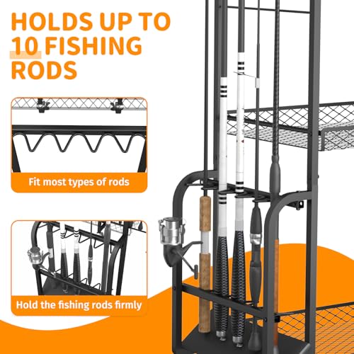 Geznhs Fishing Rod Holders for Garage - Rolling Fishing Pole Rack Organizer with Pegboard & Lockable Wheels, 3 Tier Fishing Gear Storage Holds 10 Rod & Reel Combos, Tackle Box Organizer for Anglers