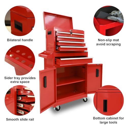 Torin 5-Drawer Rolling Tool Chest: Metal Tool Box with Wheels, Removable Top Tool Box, Liner, Adjustable Shelf and Locking Mechanism for Garage Workshop,Red