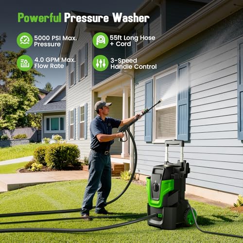 5000PSI Heavy Duty Pressure Washer, 3-Speed Adjustable Power Washer with 2-Stage Pull Rod, 4 Nozzles, Foam Cannon & 500ml Soap Bottle for Car, Home & Outdoor Cleaning,Green