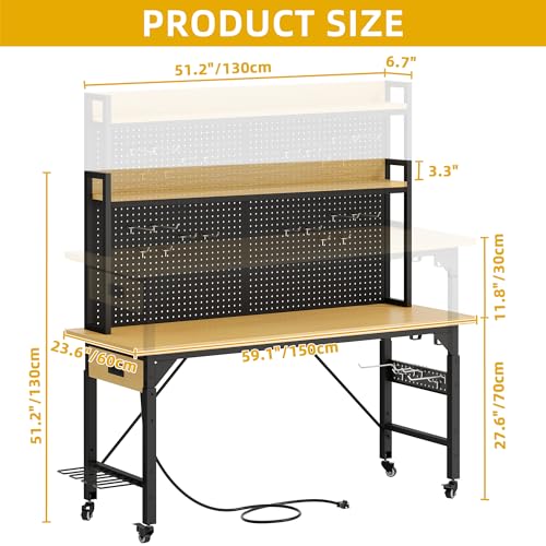 DWVO 60" Adjustable Workbench with Pegboard, Heavy Duty Wood Top Work Bench with Wheels, 1600 LBS Load Capacity, Rolling Work Table with AC/USB Outlet, Hooks, Rack for Garage, Workshop, Office, Home