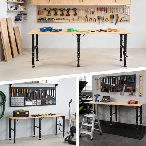 OLBRUS 68 "Adjustable Workbench with Power Outlet - Work Bench Table Heavy Duty 1500 LBS Load Capacity, Hardwood Work Table for Garage, Workshop, Office, Home
