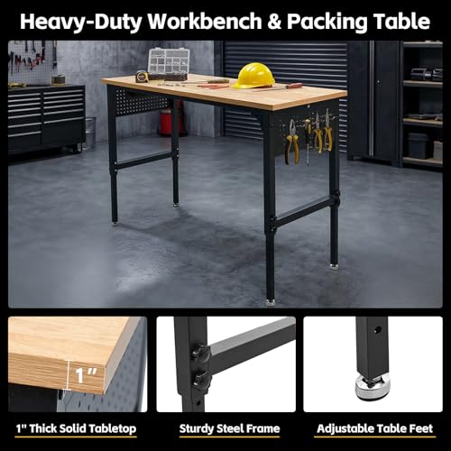 60" Adjustable Heavy Duty Workbench, 2300 LBS Load Capacity Hardwood Work Table with Pegboard, Power Outlets, USB & Type-C Ports, Work Bench for Garage, Office, Workshop, Home, Workstation