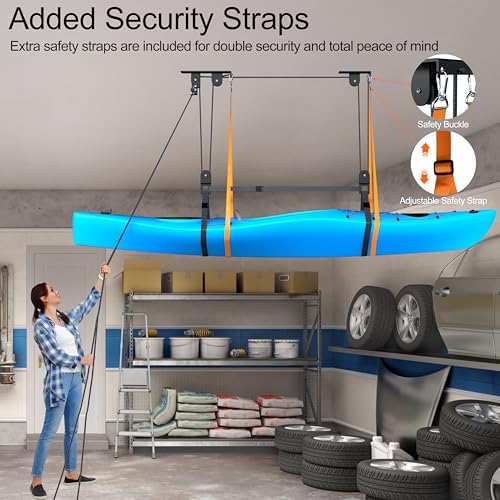 TRUSOON Kayak Hoist, Heavy Duty Kayak Pulley System for Garage Ceiling, Hold Up to 150 lbs Capacity, Canoe Garage Lift Storage System, Fit 10-18 Foot Ceilings, Black