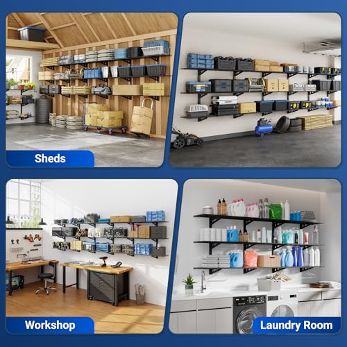 FLEXIMOUNTS 3-Tier 1x4ft Garage Storage Wall Shelving, 12x48inch per Shelf Height Adjustable Floating Shelves, Heavy Duty Wall Mounted Shelve, 600lbs Weight Capacity, Black, Classic Series