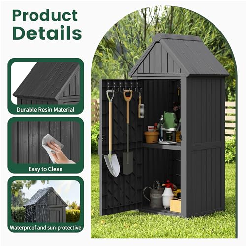 Bifanuo Deck Box Storage Shed Outdoor Storage Cabinet, Vertical Waterproof Resin Material Plastic Shed with Removable Shelves, 12 Hooks and Lock Ring for Garden, Pool and Patio (Black)
